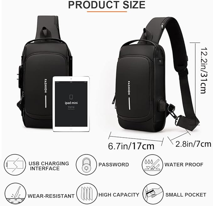 Anti theft Crossbody Sling Bag,Waterproof Chest Daypack with USB Charging, Shoulder Backpack