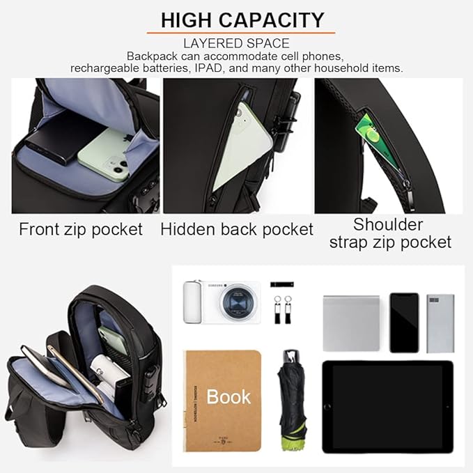 Anti theft Crossbody Sling Bag,Waterproof Chest Daypack with USB Charging, Shoulder Backpack