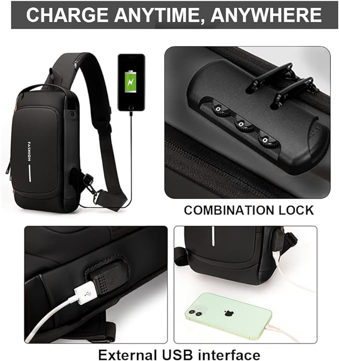 Anti theft Crossbody Sling Bag,Waterproof Chest Daypack with USB Charging, Shoulder Backpack