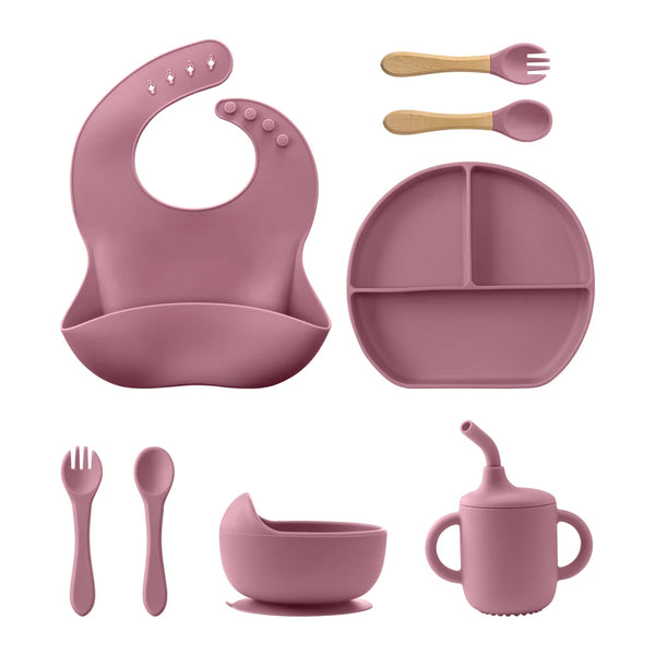 8Pcs Baby Food Feeding Set Sucker Bowl Dishes Plate Dinnerware For Children Dishes Baby Bib Cup Tableware Baby Stuff