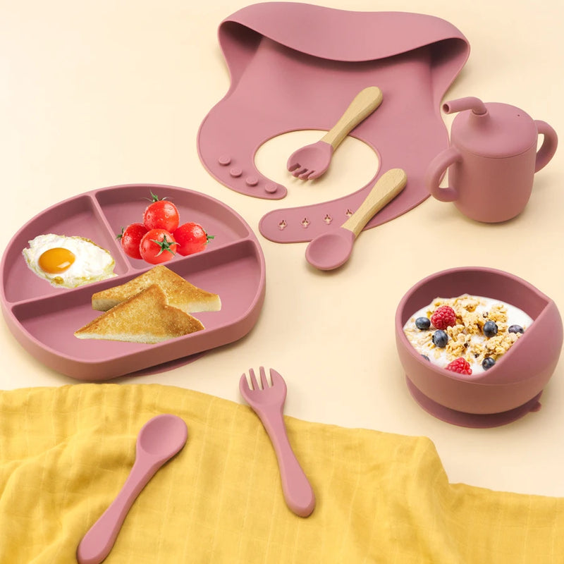 8Pcs Baby Food Feeding Set Sucker Bowl Dishes Plate Dinnerware For Children Dishes Baby Bib Cup Tableware Baby Stuff